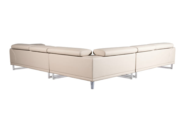 Back view of Brighton cream leather corner lounge showing smooth upholstery, adjustable headrests and stainless steel legs.