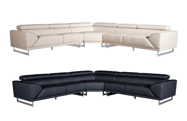 Brighton corner leather modular lounge in black and cream finishes featuring adjustable headrests and stainless steel legs.