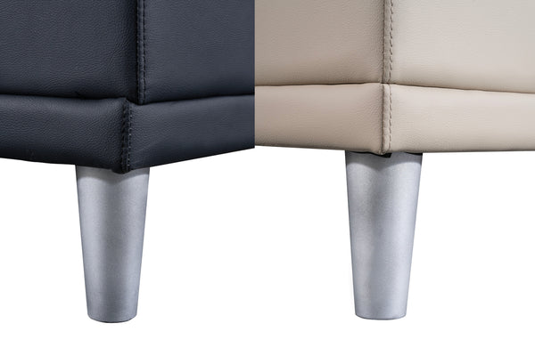 Close-up comparison of Brighton lounge legs showing textured silver metal supports on both black and cream upholstery.
