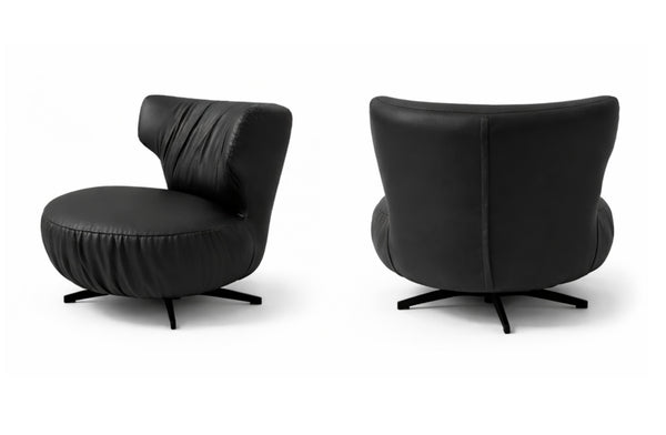 Black Brodie swivel chair front and back view with cushioned seat and base.