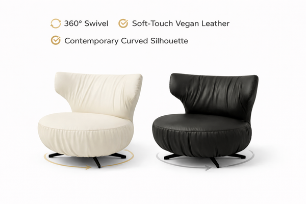 Swivel arm chairs showing 360 rotation, vegan leather, and curved silhouette design.