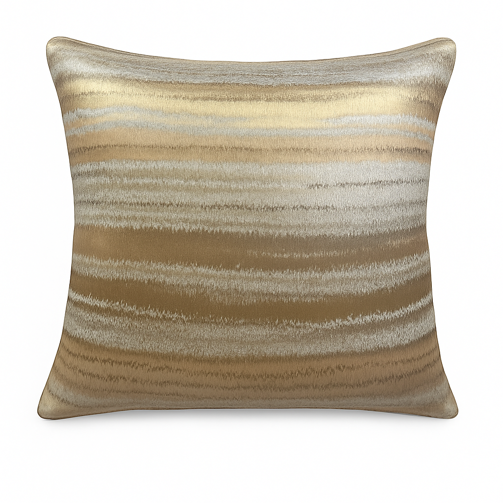 Bronte luxury cushion featuring bronze, gold, and grey tones against a plain white backdrop.