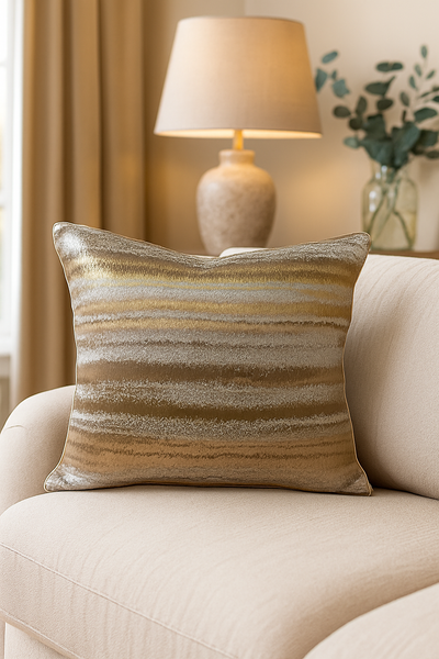 Bronte luxury cushion in bronze, gold, and grey tones styled on a beige sofa.