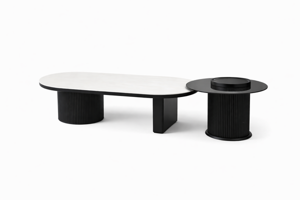 Brooklyn oval and round coffee table set with fluted black base and white stone top.