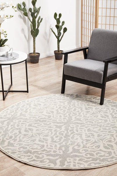 Round Chrome Lydia Silver Rug in modern living space