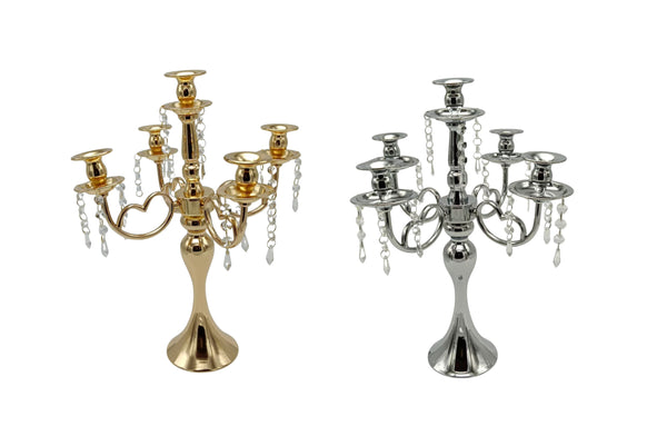 Elegant 5-arm candelabra in gold and silver finishes, adorned with hanging crystal accents.
