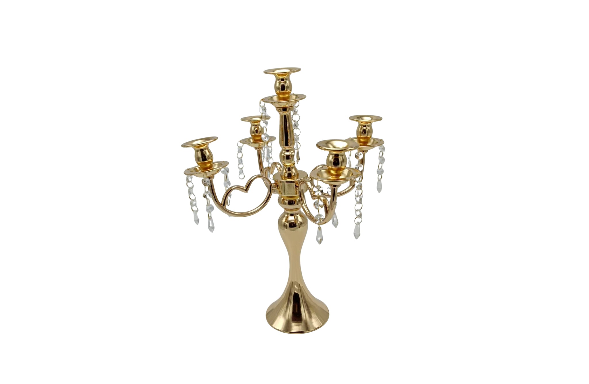 Luxurious gold 5-arm candelabra with hanging crystal accents, perfect for elegant centrepieces.