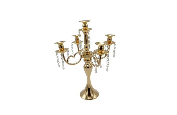 Luxurious gold 5-arm candelabra with hanging crystal accents, perfect for elegant centrepieces.