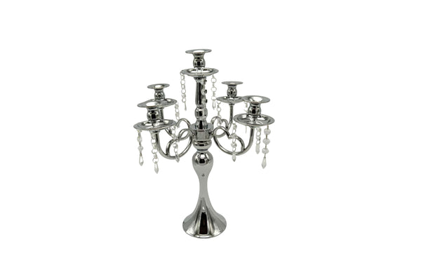 Sleek silver 5-arm candelabra with crystal drops, perfect for elegant candle displays.