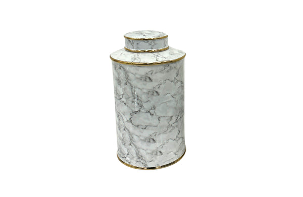 Carrara Large Ceramic Canister in white marble finish with gold trim, perfect for upscale kitchen or home décor storage

