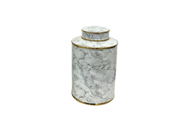 Carrara Small Ceramic Canister  with elegant white marble design and gold edging, ideal for refined storage solutions