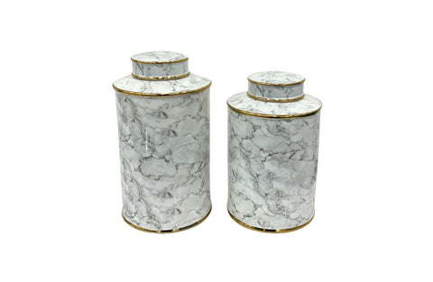 Carrara Ceramic Canister Set of 2 in white marble finish with gold accents – includes small and large sizes, ideal for stylish storage