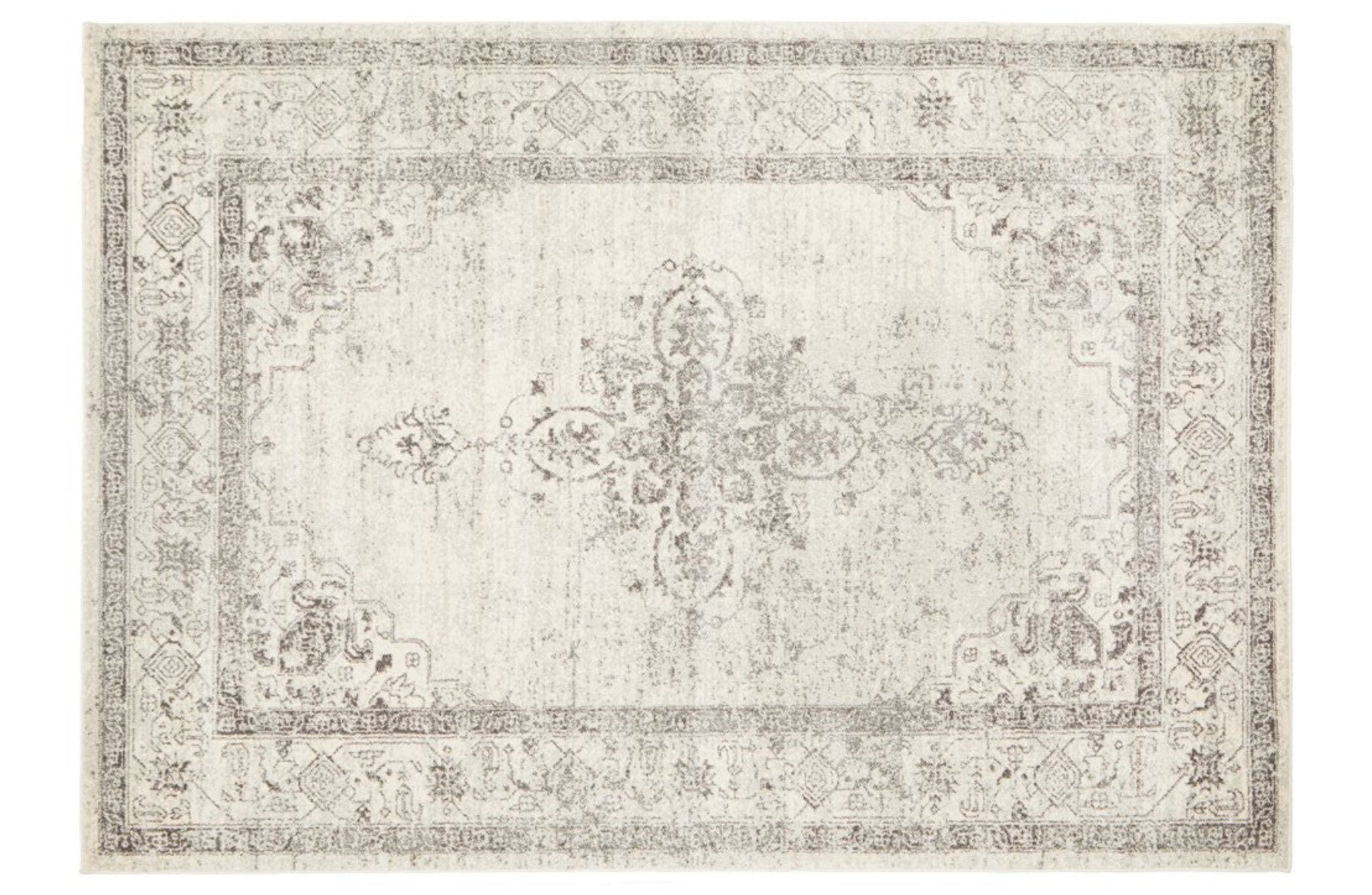 Century 977 Silver Rug flatly showcasing intricate geometric patterns in soft silver tones.
