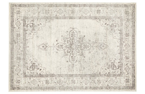 Century 977 Silver Rug flatly showcasing intricate geometric patterns in soft silver tones.