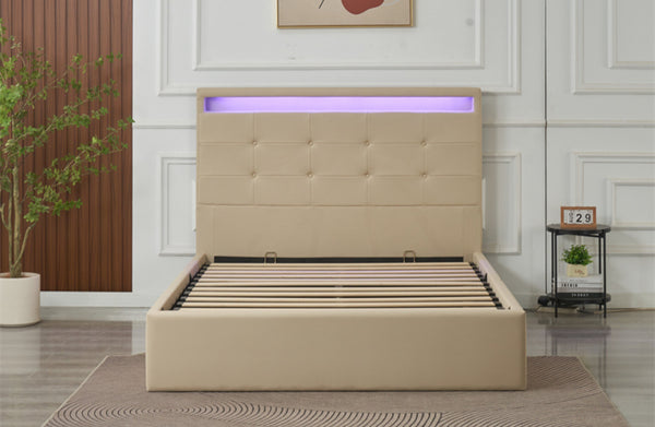 Clyde beige PU leather gas lift bed frame with slats and LED headboard lighting.