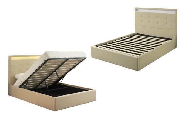 Clyde beige PU leather gas lift bed with storage and light-up headboard in modern style.
