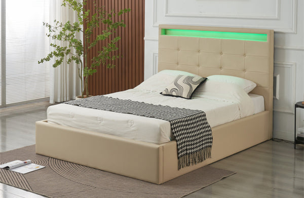 Clyde beige PU leather gas lift bed with LED headboard light and modern tufted design.