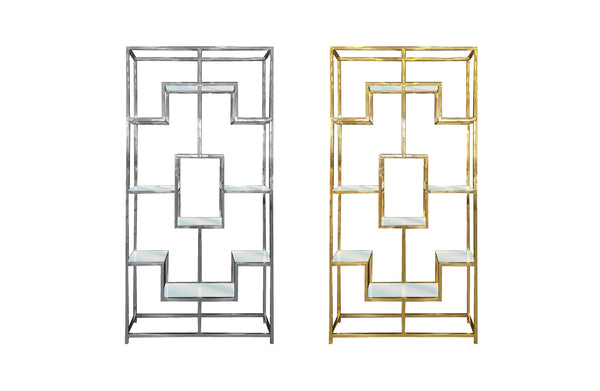 Nelson Bookcases in polished gold and silver finishes, featuring a modern geometric frame with glass shelves – elegant storage solutions for contemporary interiors.