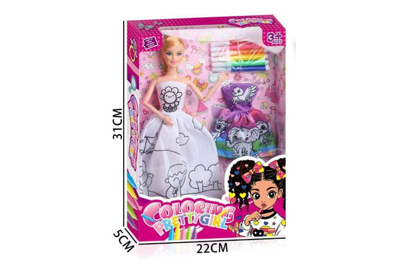 Colouring Pretty Girl doll packaging showing markers, dress, and product dimensions.