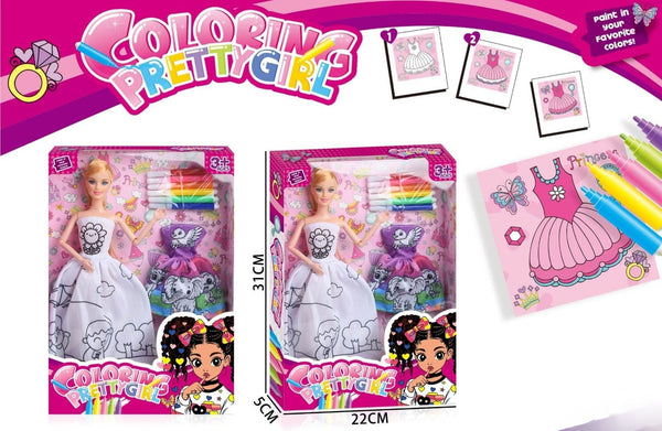 Colouring doll set with dress designs, markers, and creative play examples displayed.