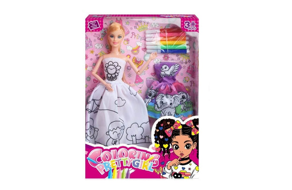 Pretty Girl doll with colorable dress and markers for creative design play.