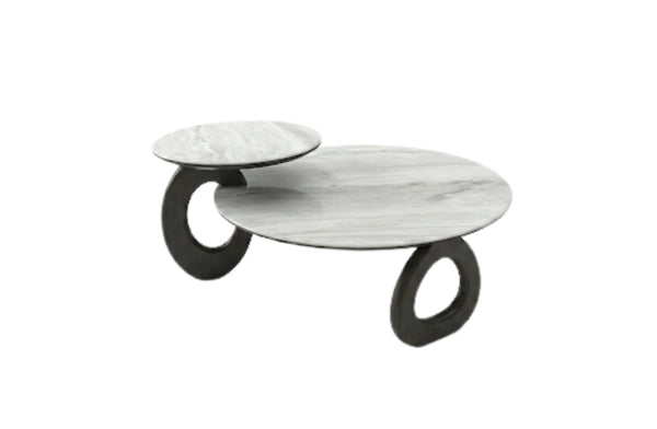 Cooper swivel coffee table set with white marble top and black base featuring adjustable side table.