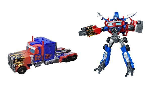 Blue transforming truck robot toy in vehicle and robot mode displayed.