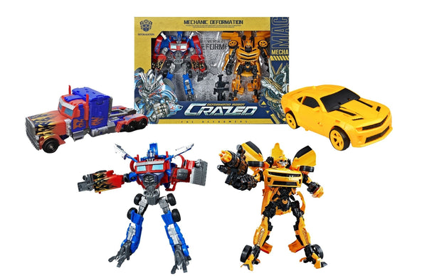 Transforming robot toy set with car and truck modes displayed in packaging.
