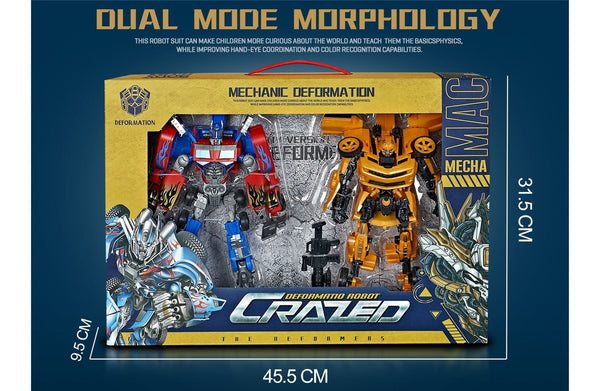 Crazed transforming robot set box showing size dimensions and dual robot figures.