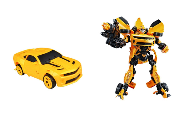 Yellow transforming car robot toy shown in vehicle and robot transformation modes.