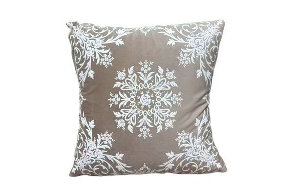 Elegant beige damask velvet cushion with detailed floral pattern, perfect for sophisticated home décor.