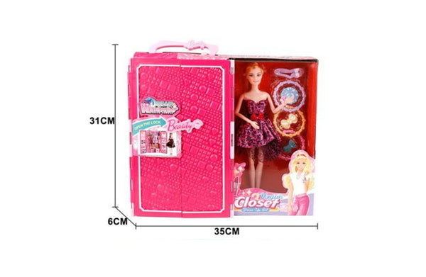 Doll with Vogue closet wardrobe set packaging showing doll, accessories, and dimensions.