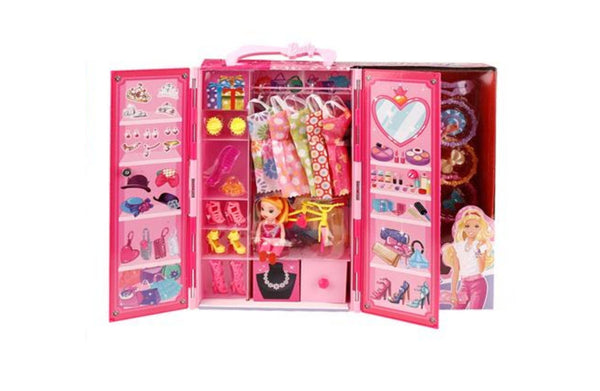 Open doll wardrobe closet with outfits, accessories, and fashion doll inside.