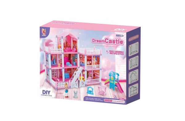 Dream dollhouse castle DIY set box showing assembled model and included accessories.