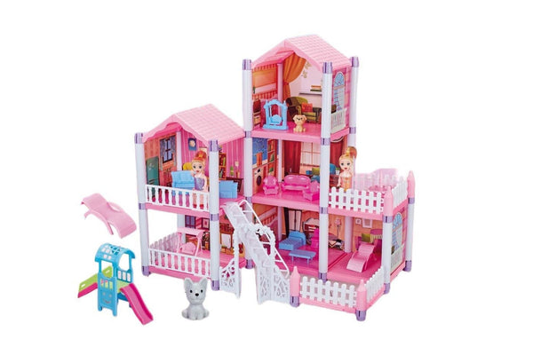 Pink dollhouse castle playset with multiple rooms, furniture, dolls, and slide accessories.