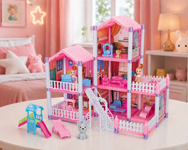 Pink toy dollhouse with multiple levels on a table in a room with pink walls and decor.