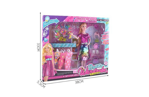 Dream Wardrobe doll packaging showing clothes, accessories, and product size details.