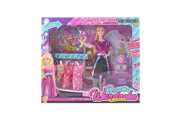 Dream Wardrobe doll set with outfits, accessories, and fashion items inside box.