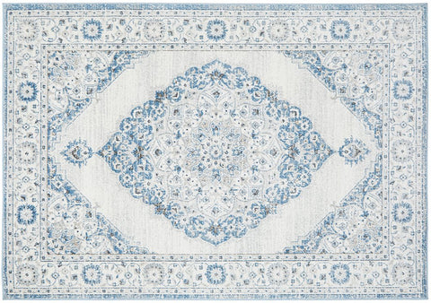 Flat lay of Emotion 77 Blue Rug with intricate medallion design