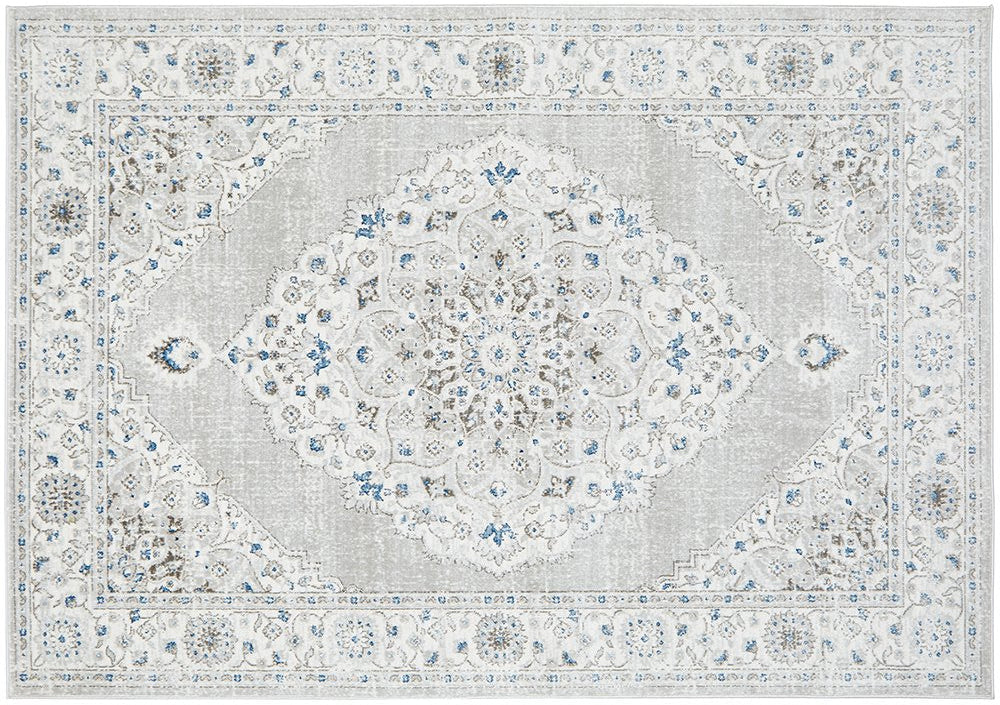 Full view of the Emotion 77 Silver Rug featuring soft silver tones and intricate patterns, perfect for modern and classic interiors.