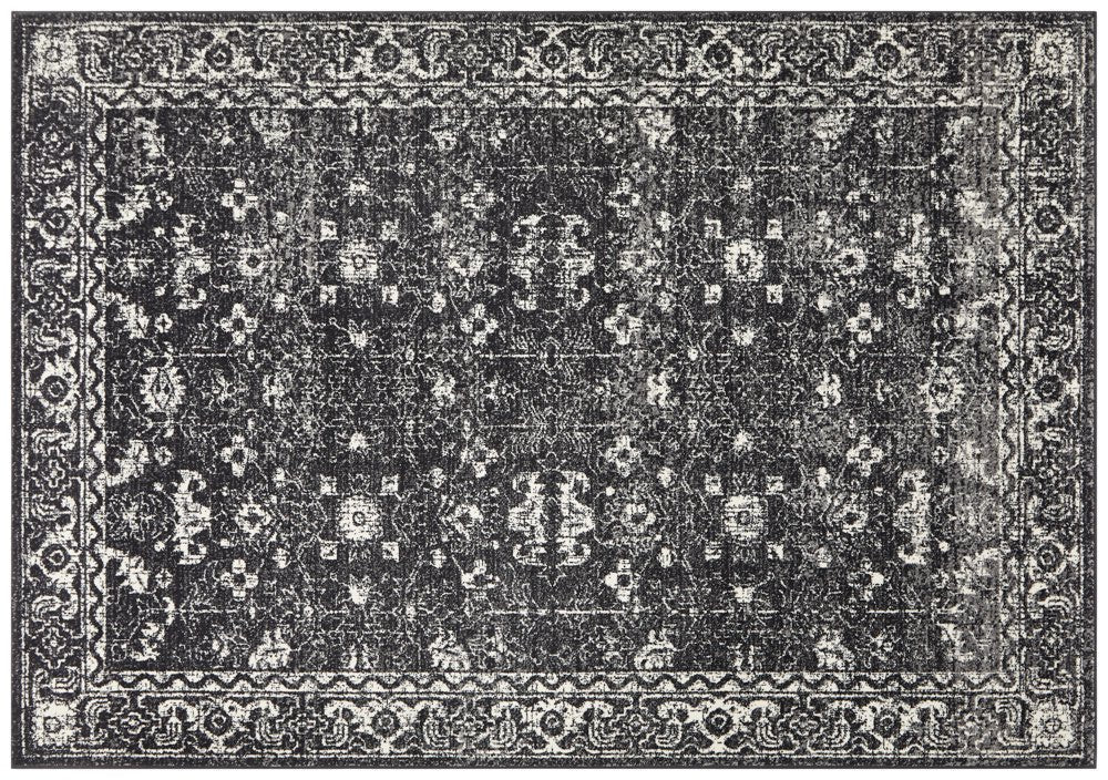 Flatley view of elegant charcoal rug with detailed patterns for a modern touch.