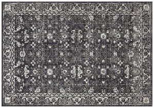 Flatley view of elegant charcoal rug with detailed patterns for a modern touch.