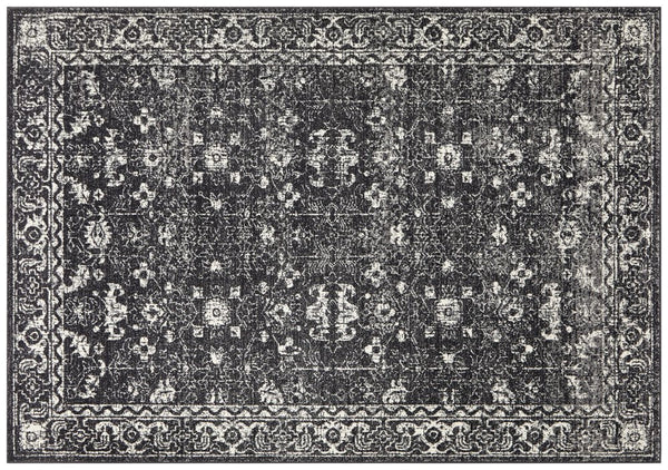 Flatley view of elegant charcoal rug with detailed patterns for a modern touch.
