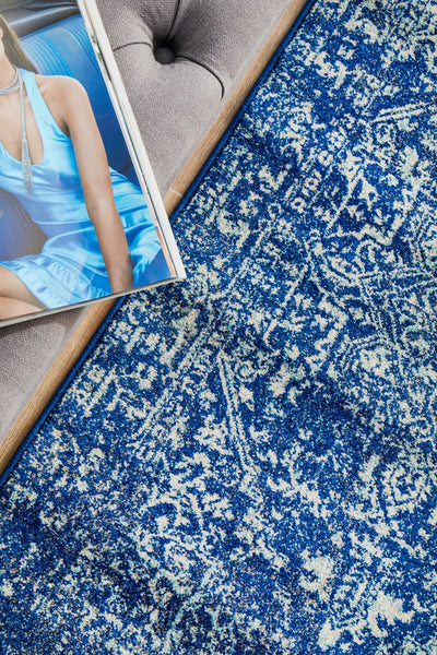 Close-up of the intricate Persian-inspired pattern on the Evoke 253 Navy Rug.