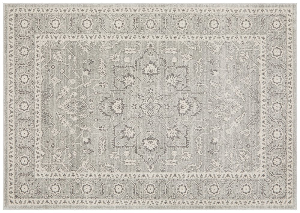 Elegant silver patterned rug with floral border design, perfect for modern and traditional interiors.