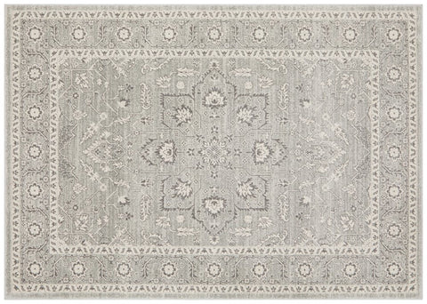 Elegant silver patterned rug with floral border design, perfect for modern and traditional interiors.