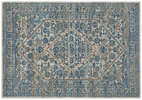 Evoke 263 Silver Rug with intricate distressed blue, gold, and silver pattern