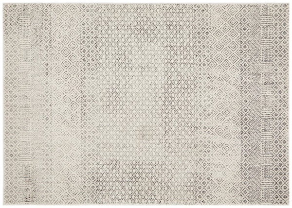 Evoke 265 Grey Rug flatlay showing full geometric distressed pattern in silver and grey.