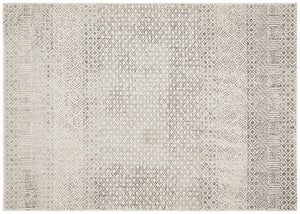 Evoke 265 Grey Rug flatlay showing full geometric distressed pattern in silver and grey.