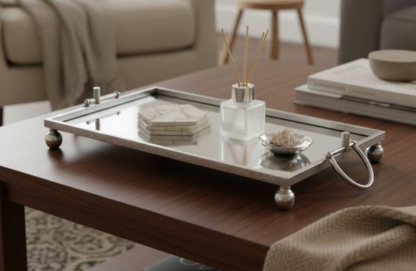 Decorative Silver Mirror Tray with a diffuser and coasters on a wooden table in a living room setting.